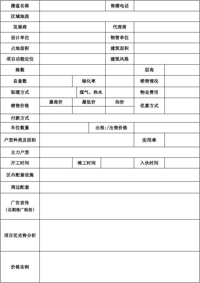 房地产项目市调表1 楼盘代理核心要点分析